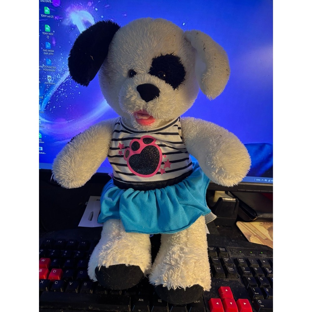 2015 Build A Bear Black White Puppy Dog Spots BABW BAB Plush Toy 16 in W/OUTFIT